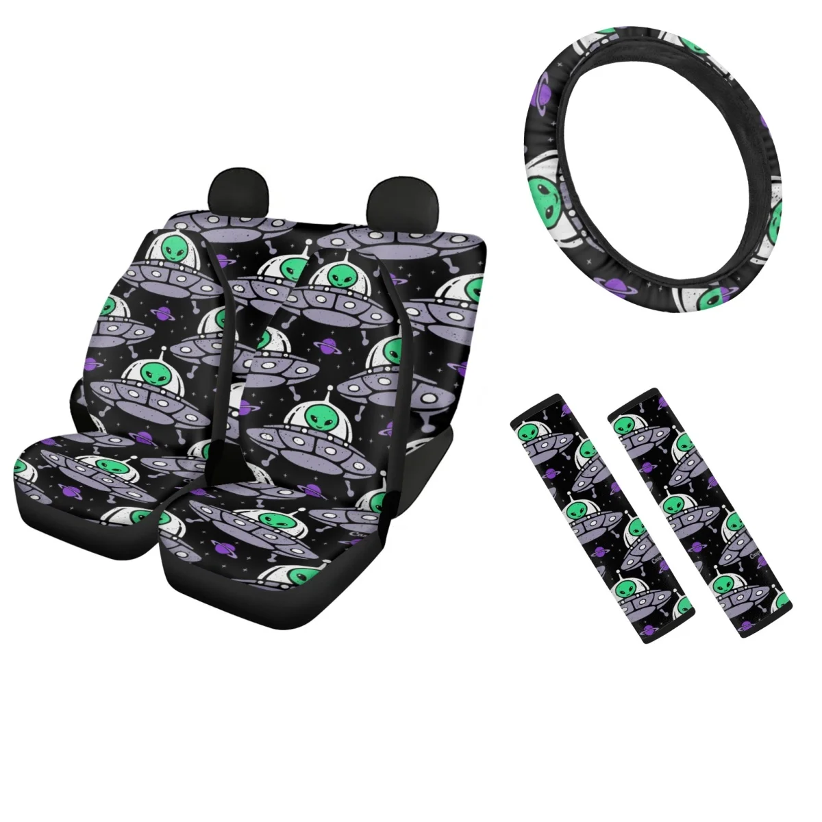 Car Full Set Interior for Women Men Aliens with Spaceships Auto Seatbelt Shoulder Strap Non-Slip Washable Steering Wheel Cover