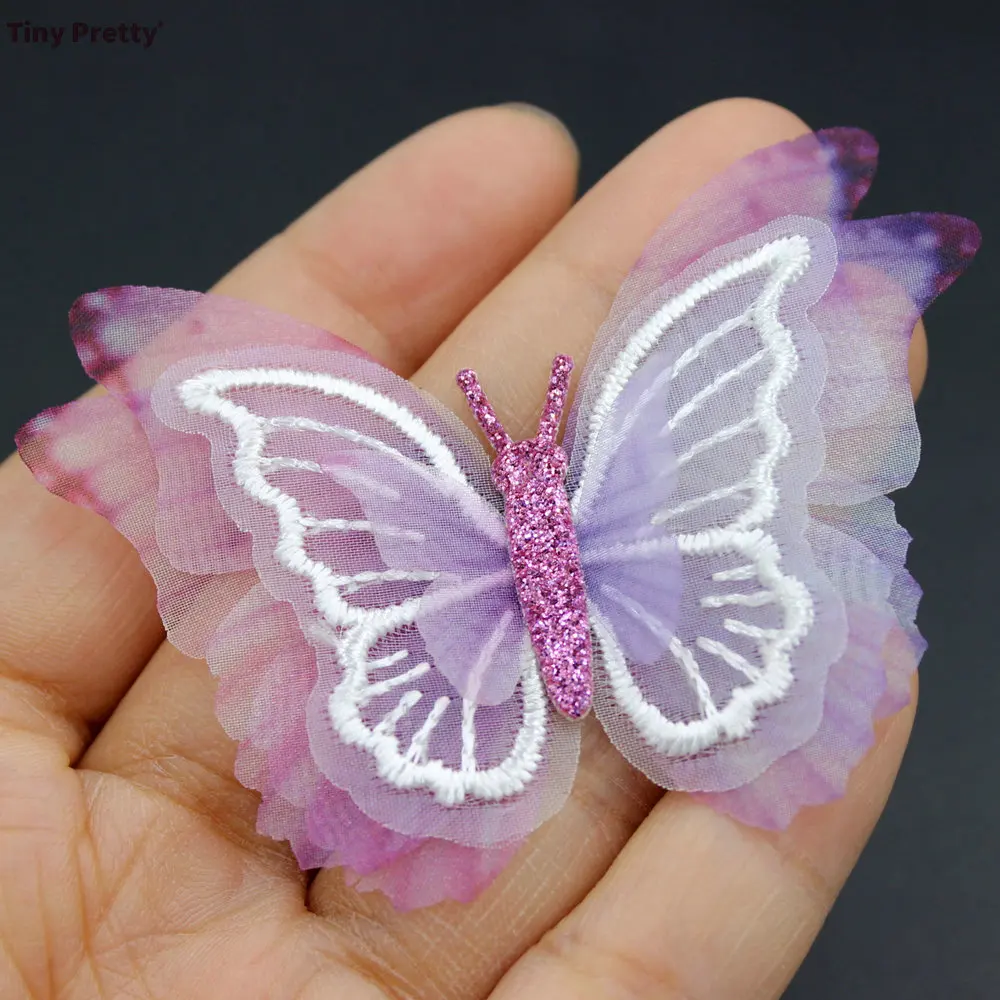 10pcs 75mm Four-layer Lavendar Pruple Stone Organza Butterflies Fabric Butterfly Applique Patches Bridal Wedding Decoration