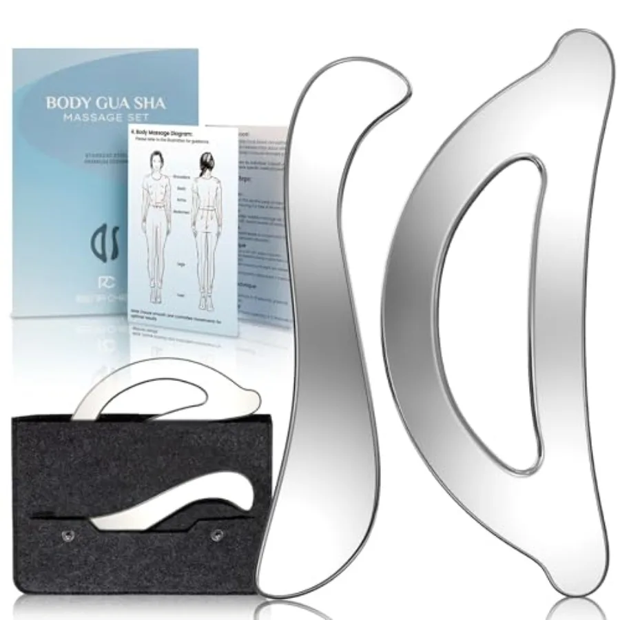 

Muscle Scrr Tool Set - Stains Steel Gua Sa Pysical Terapy and Deep Tissue Mas, Body Gua Sa Tools wit Travel Pouc 2-Piece Kit