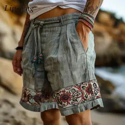 Casual Lace-up Drawstring Mens Shorts Summer Daily Leisure Breathable Loose Shorts Men Vintage Florals Printed Patchwork Shorts