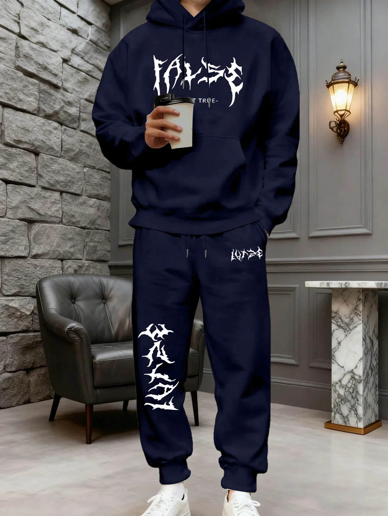 2026 letter printed sportswear set men's hooded sweatshirt long pants set spring and autumn winter warm suit