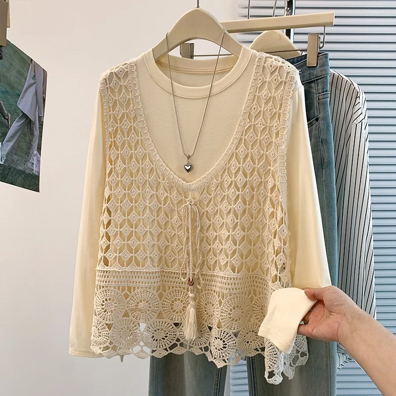 Women's Hollow out Long Sleeve T-Shirt Vest Two-Piece Set Loose Fit Outerwear Top Pure Color Autumn Fashion Ensemble