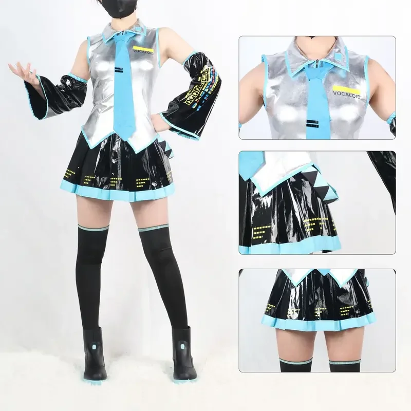 Miku cosplay full set Silver Grey patent leather fabric suit Miku cosplay shoes headwear costume outfit JK uniform cosplay