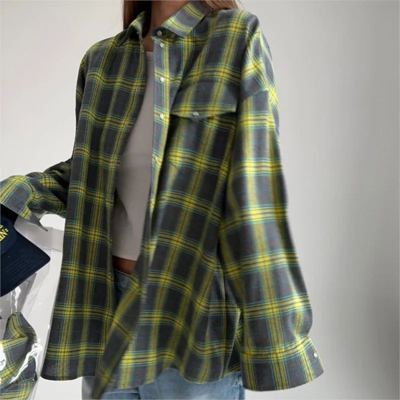 

Spring Autumn Women's Blouse Vintage Plaid Design Turn-Down Collar Pockets Loose Long Sleeve Single Row Buttons Versatile Style
