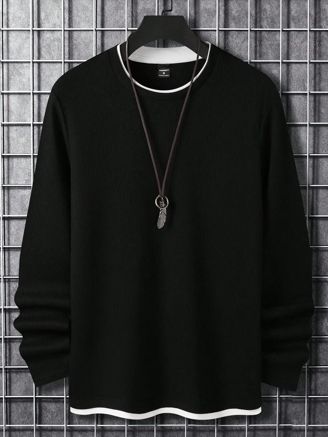 

Men's Black Ribbed Long Sleeve Pullover with Contrast Trim, Casual Fall Top