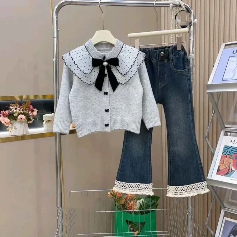 Children Girls Clothes Sets Kids Girl Cardigan Bow Sweater and Denim Jeans Pants Clothes Suit for Teen Girls Sweet Outfits 2-15Y