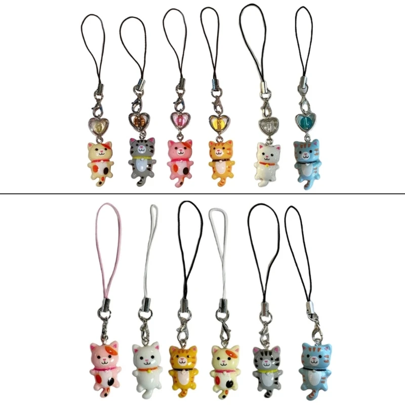 Resin Cat Keyring Adorable Girl's Cartoon Feline Phone Anti-Strap Accessory