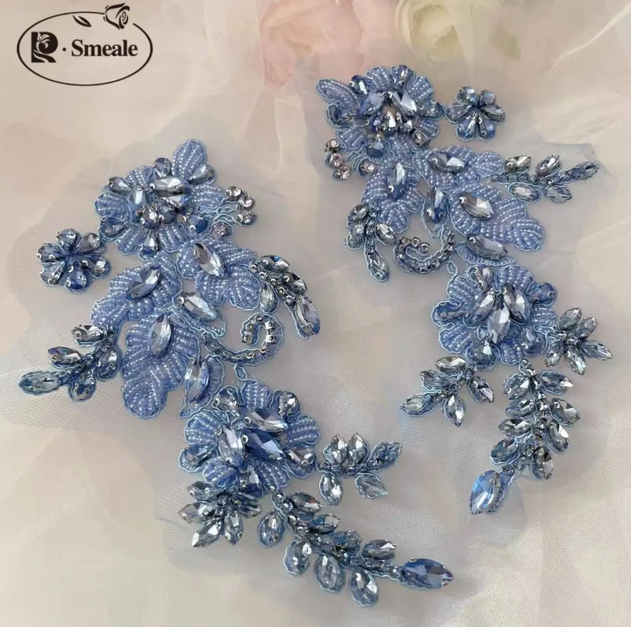 1 Paar handgenähte Glasbohrer-Spiegelblumen, funkelnde Strass-Blumen, Mäntel, Bündchen, Schultern, Hochzeitskleid, DIY-Patch RS4208
