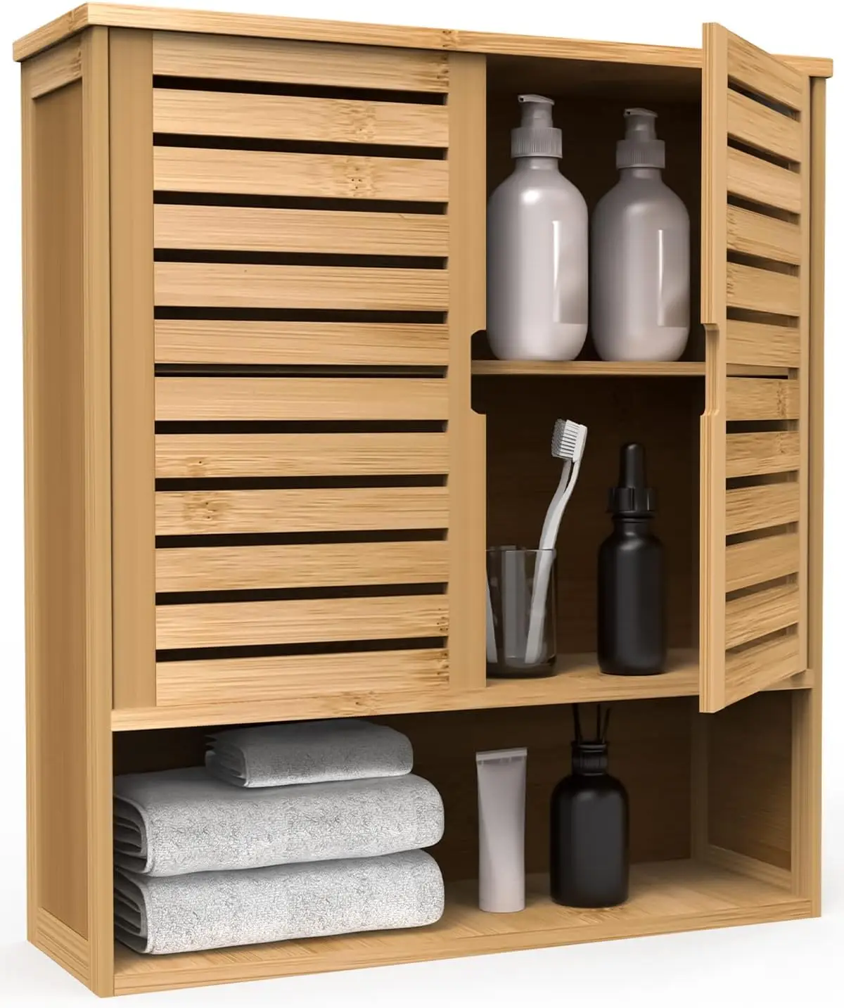 

Bathroom Wall Cabinet, Bamboo Wall Mount Medicine Cabinet Storage Organizer, Double Doors & 3 Tier Adjustable Shelf