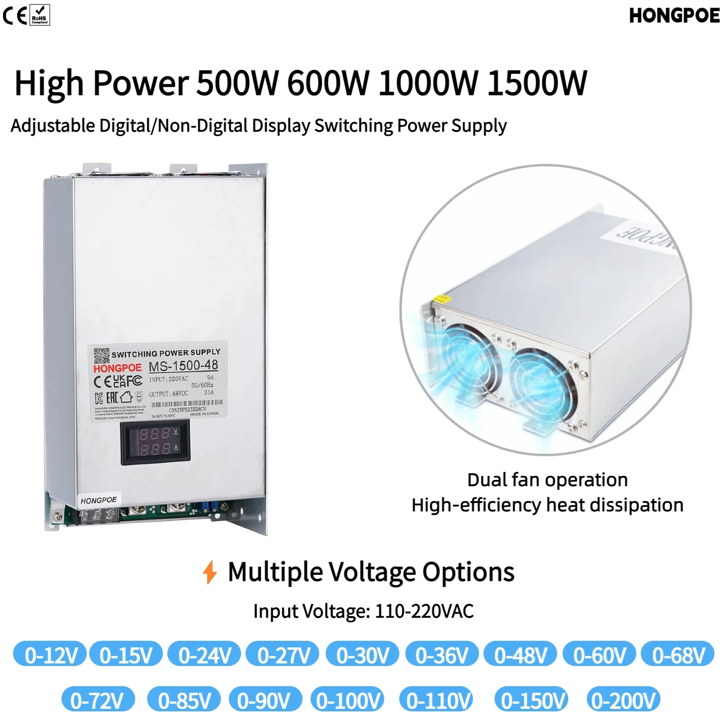 

CE LED display screen 500W 600W 1000W 1500W switching power supply 12-200VDC, input 110-220VAC, for Industry Motor Battery CCTV