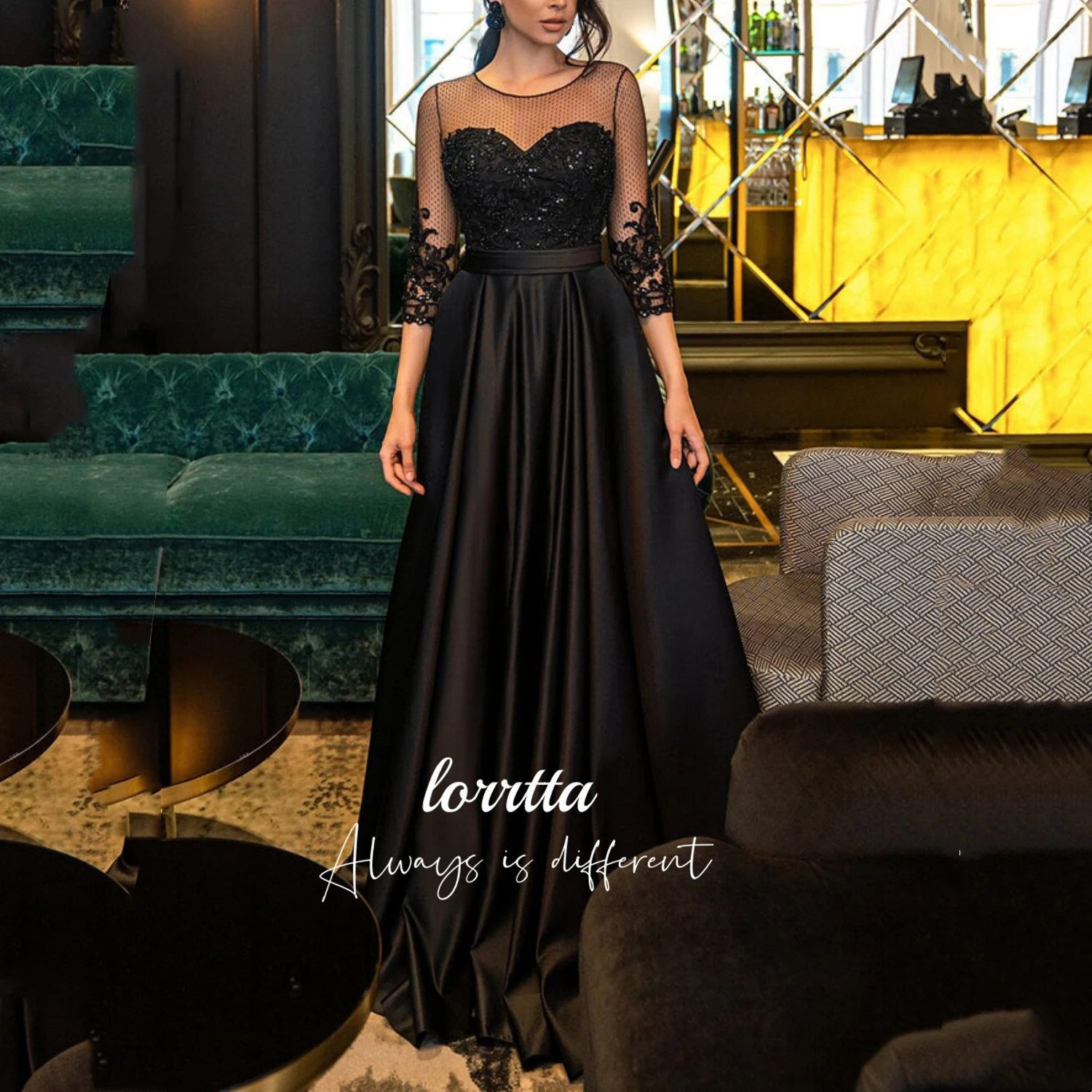 

Lorrtta Evening Dress Elegant and Pretty Women's Dresses for Prom Line A Beaded Decoration Black Party Dresses Woman Satin Hem