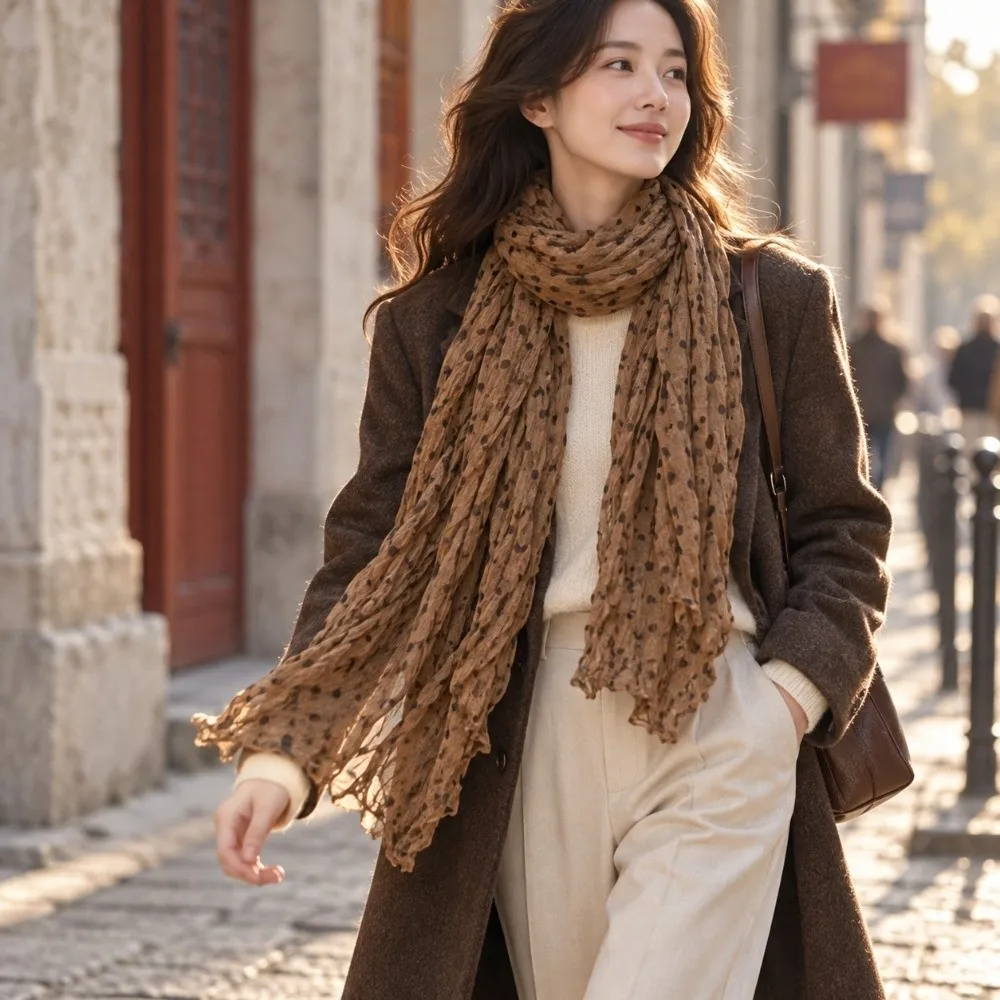 Korean-style Floral Print Cotton Linen Scarf Frill Trim Wrinkle Pleated Shawl Scarf Versatile Wear Female Headscarf Women