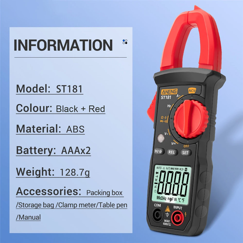 Car Amp Hz Capacitance NCV Ohm Test Digital Clamp Meter Ammeter Voltage Tester 4000 Counts ST181 Multimeter DC/AC Current