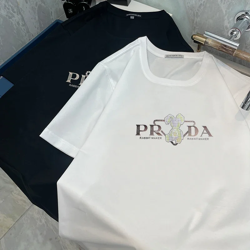 أزياء فاخرة ماركة 2025 صيف جديد مصمم طباعة نمط أرنب القطن الخالص عالية الجودة عادية Harajuku للجنسين حجم كبير