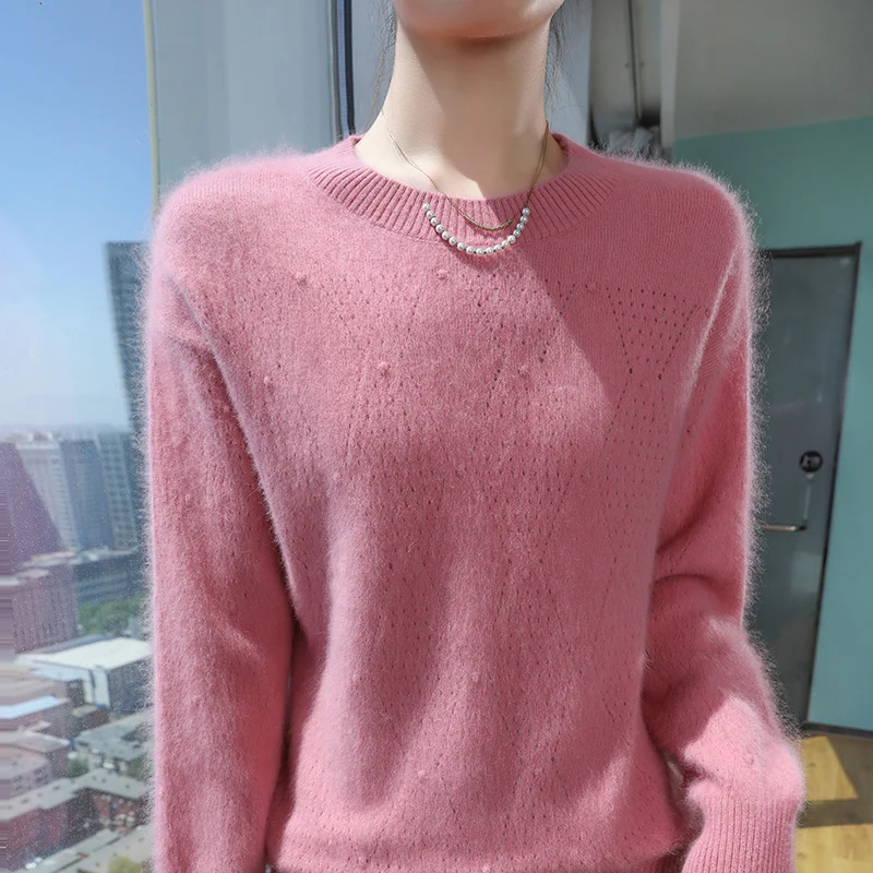 Winter new round neck mink wool sweater women's pullover diamond hollow knitted base sweater high-end versatile cashmere sweater