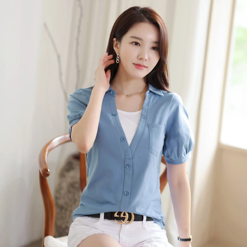 2023 Summer New Short Sleeve T-shirt Lapel Pocket Fake Two Piece Slim Fit Fashion Cotton Solid Color Versatile Women's Top