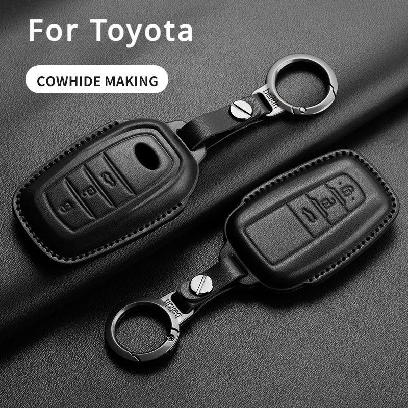 

Leather Car Remote Key Case Cover for Toyota RAV4 Crown Hilux Fortuner Camry Land Cruiser Prado Protect Shell Fob Keychain