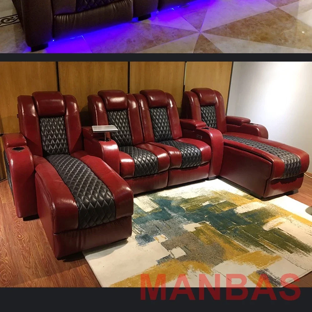 Dual Motor Power Recliners Electric Reclining Seats U shape Italian Genuine Leather Massage Sofas Multifunctional Theater Couch