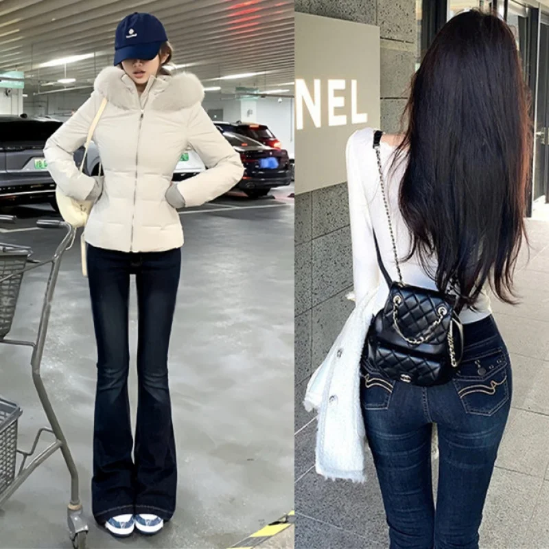 

Korean-style high-waisted jeans with a new pocket design, embroidered, fashionable, slim-fit, and slightly flared