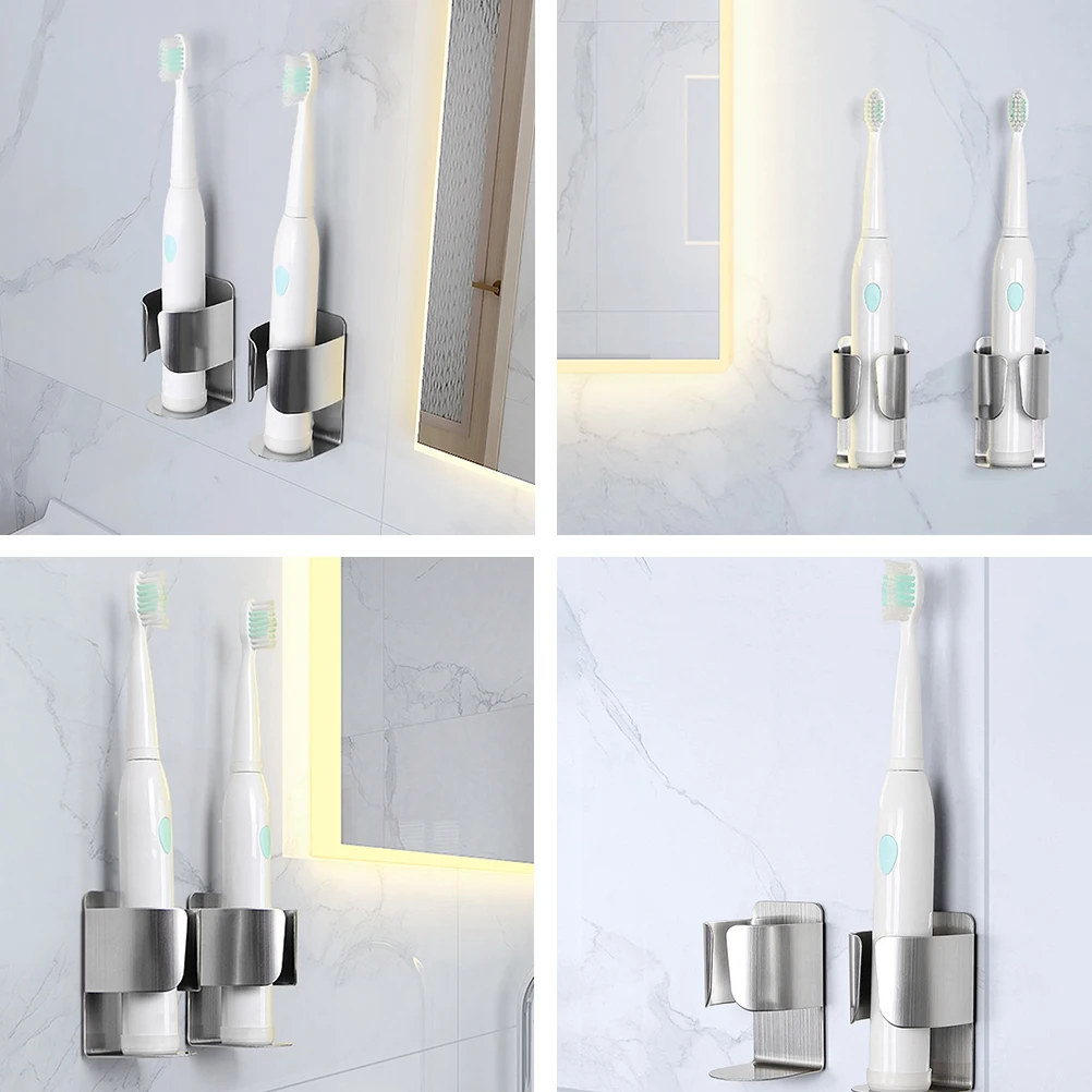 

2Pcs Stainless Steel Electric Toothbrush Holder Silver Nail Free Storage Rack Waterproof Bathroom Accessory Shelf