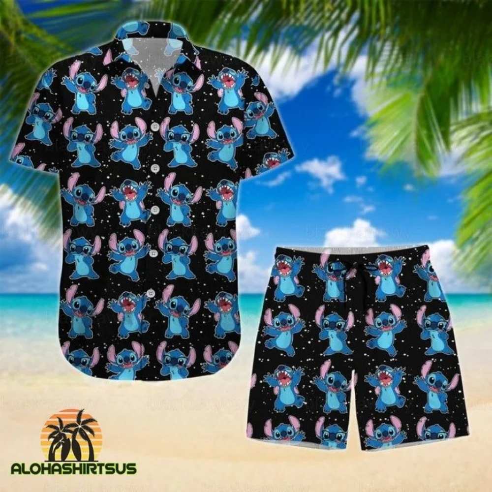 

Disney 2025 New 3d Printed Hawaiian Shirt Men's And Women's Fashion Cute Lilo & Stitch Boys Button Short Sleeve Shorts Set