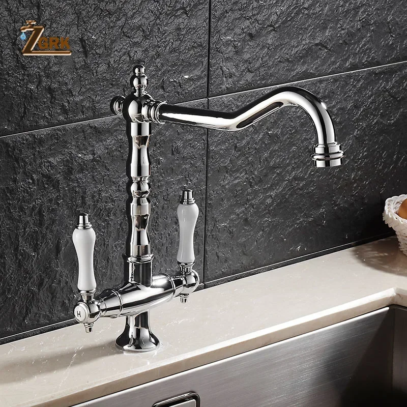 

Double Handle Kitchen Sink Faucet Rotatable Single Hole Basin Faucet Gold Antique Chrome Black Kitchen Mixer Tap Retro Faucet