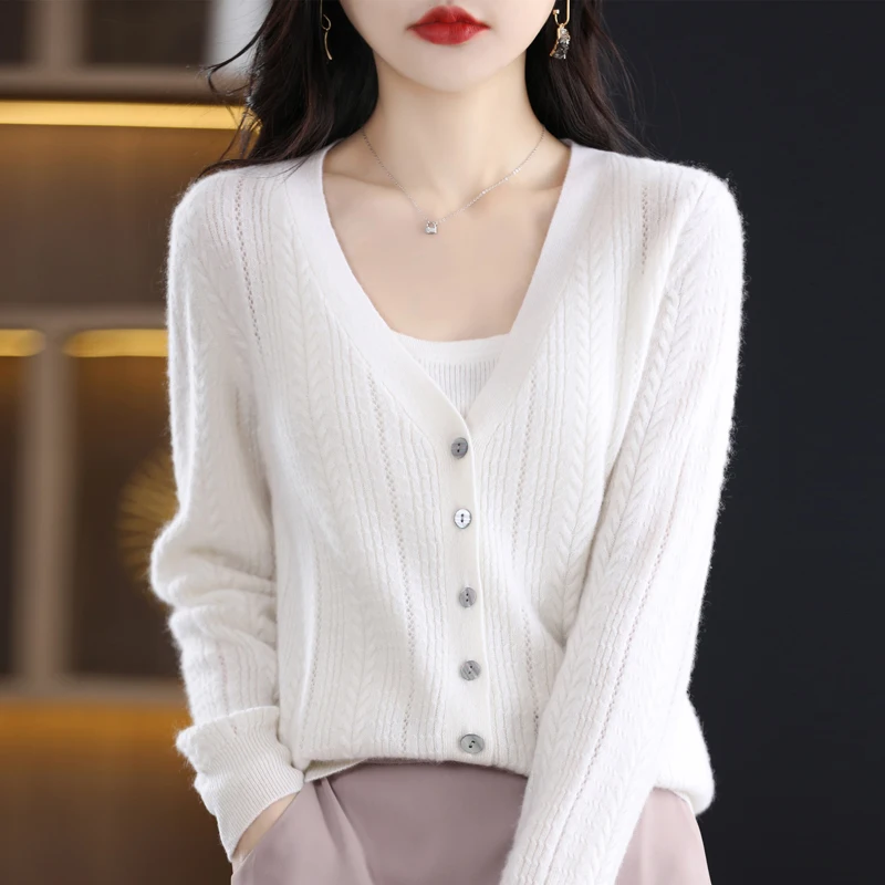 100% Wool Cardigan Womens Clothing V-neck Sweater Female Long Sleeve Tops Knitted Korean Fashion Warm New In Outerwear Cardigan