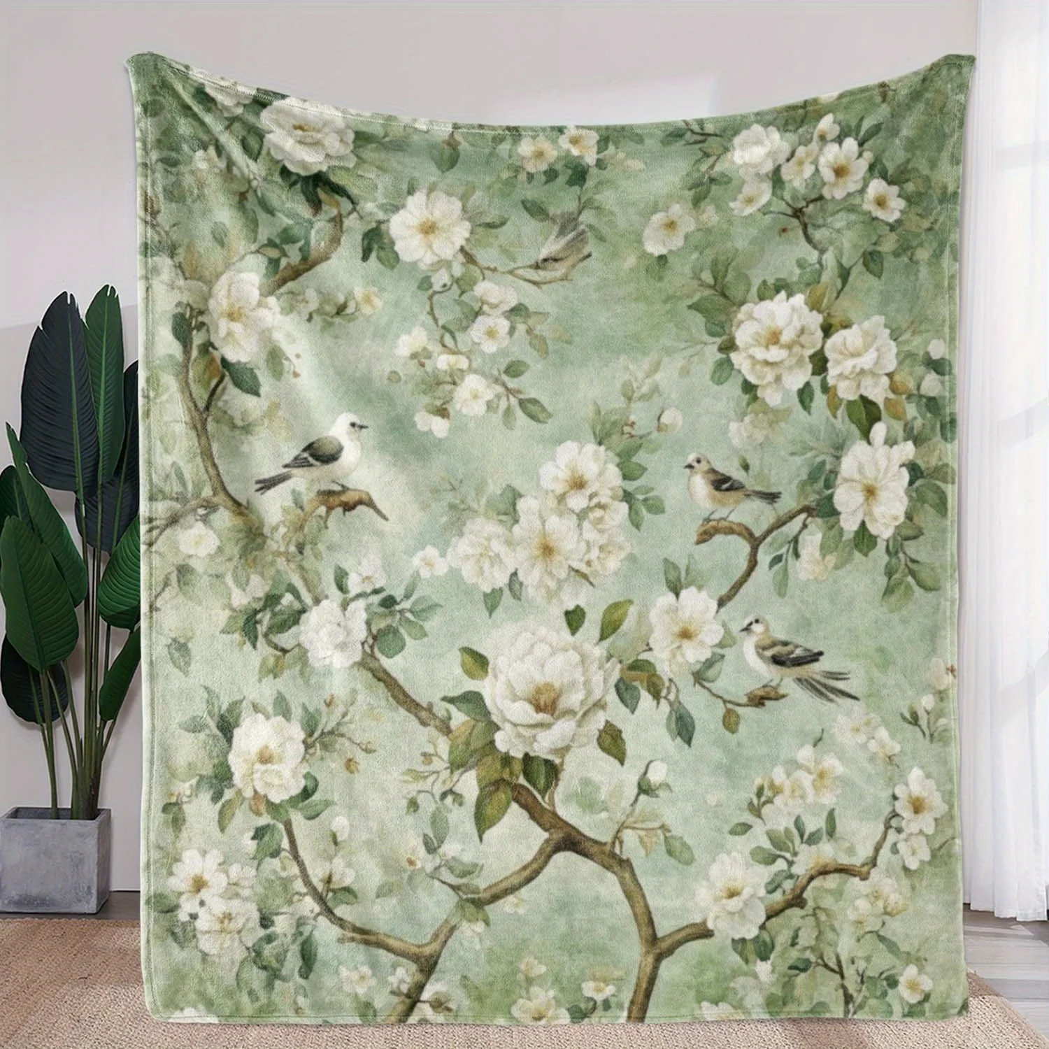 

[Soft Throw Blanket] Ultra-Soft Throw Blanket | Vintage-Inspired Floral & Bird Print, Cozy & Warm for Sofa, Bed, Car, Office
