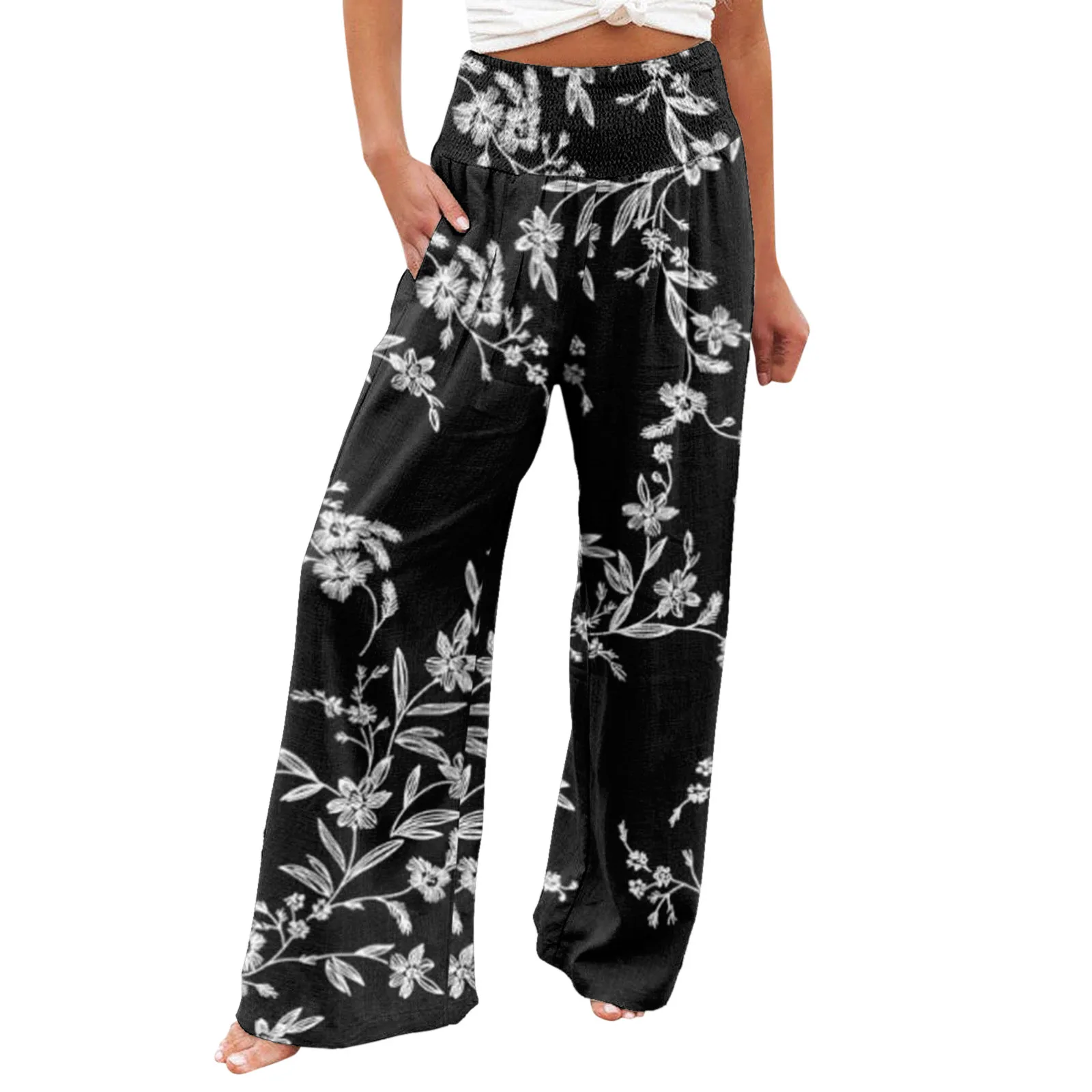 Wide Leg Floral Pants Woman Summer Elastic High Waisted Cotton Linen Palazzo Pants Long Lounge Pant Boho Trousers with Pockets