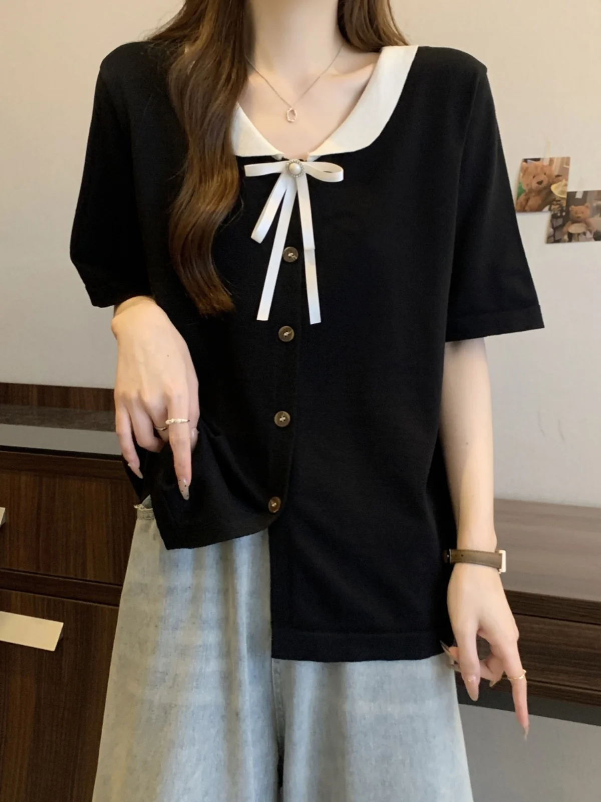 

Slimming Short Sleeve Ice Silk Knitted Open Cardigan Women's Summer Large Size Puffy Collar Doll Neck Top Korean Style Loose Fit