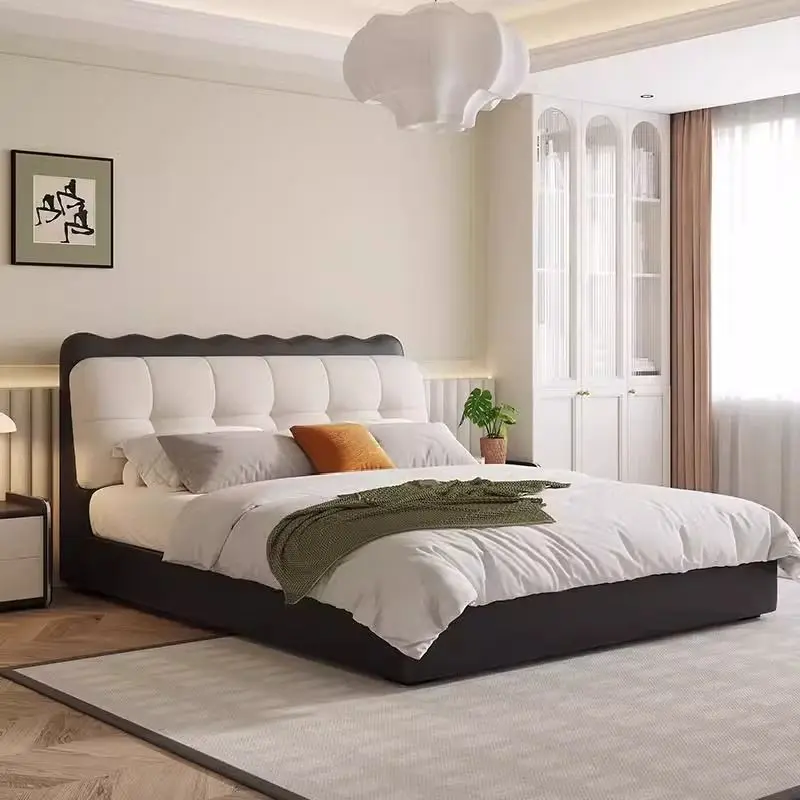 Modern minimalist puff bed, cream style, fabric soft bag double bed