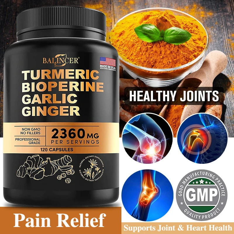 Turmeric - with Bioperine, Garlic, Ginger - 95% Curcuminoids, Good for Pain Relief, Immune, Joint & General Health, Antioxidant