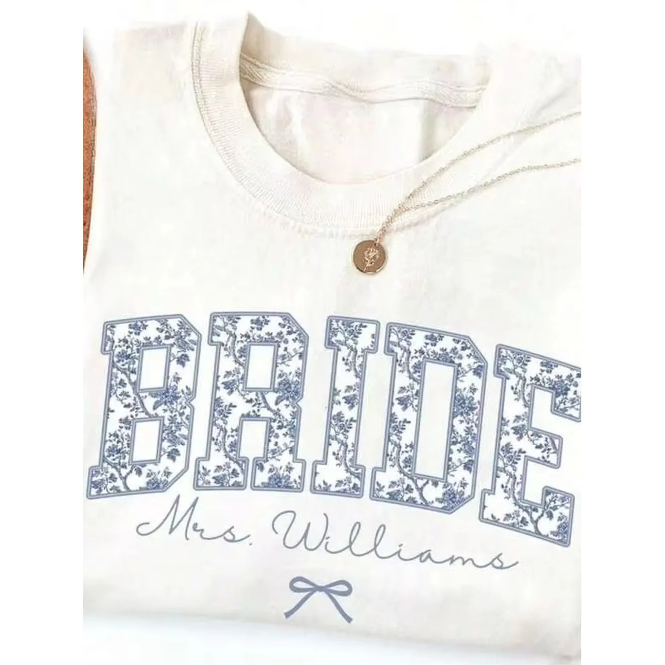 Custom Blue Toile Chinoiserie Bride Tee, Personalized Mrs Name T-Shirt, Bridal Shower Bachelorette Wedding Getting Ready Gift