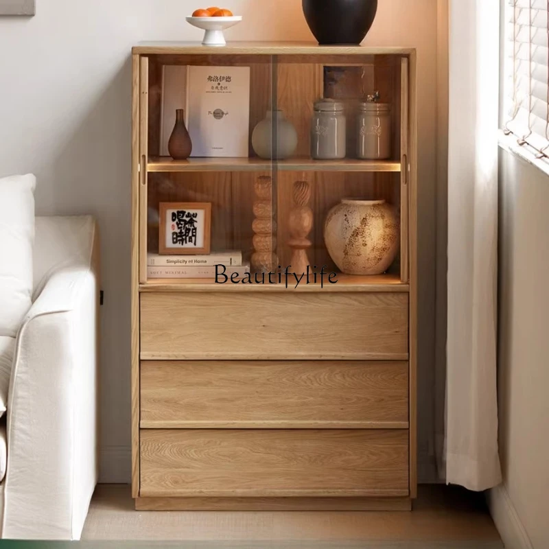 

Solid wood side cabinet Modern simple living room floor-to-ceiling white oak vertical cabinet