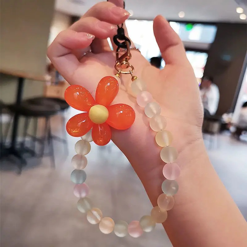 Handmade Flower Beaded Bag Charm Girls'S Bracelet Colored Wrist Strap Candy Color Anti Loss Mobile Phone Strap Bag Pendant