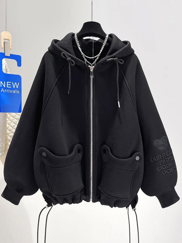 Autumn Winter New Fleece Padded Hooded Sweatshirt Women's Korean-Style Loose Thick Black Long Sleeve Cardigan Jacket Women's Top