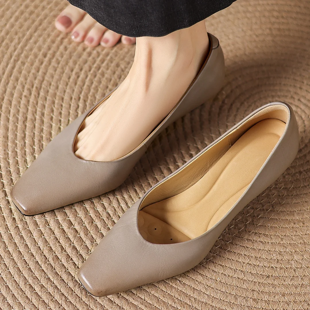 

danxuefei 2026 spring new women's cow leather square toe slip-on pumps 3cm kitten heel elegant ladies slim dress heels shoes 40