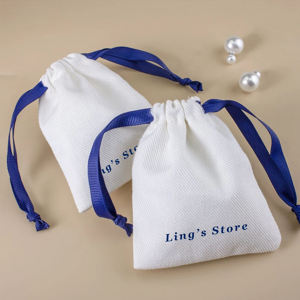 

50/100Pcs Personalized Logo Thick Cotton Jewelry Drawstring Bag Muslin Ribbon Pouch Gift Pocket Wedding Favors For Guests Party
