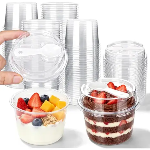 20 Pack 8.5oz Clear Plastic Dessert Cups with Lids & Spoons,Reusable Round Yogurt Parfait Pudding Mousse Jelly Cups,Single Serve Party Cups for Fruit Ice Cream Appetizer,Stackable To Go Dessert Containers for Party Picnic Wedding Birthday Graduation