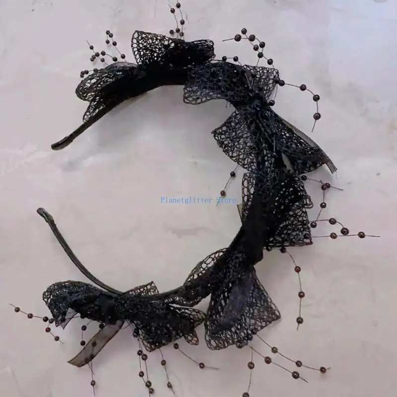 

652B Luxurious Bows Headband Lace Party Headwear With Delicate Beads Embellishment