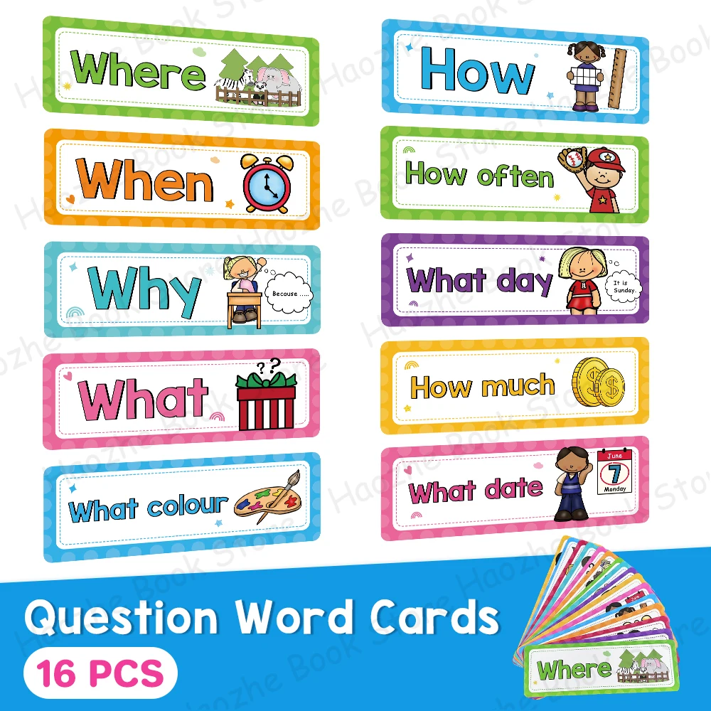 16Pcs Question Words Flash Cards for Kids Homeschool Classroom Decoration Educational English Flashcards