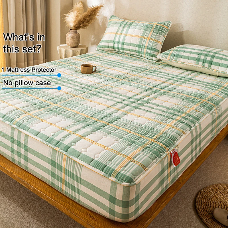 100% Washed Cotton Yarn‑Dyed Mattress Protector, Quilted Fitted Mattress Cover, Soft Breathable Plaid Mattress Pad,Skin‑Friendly