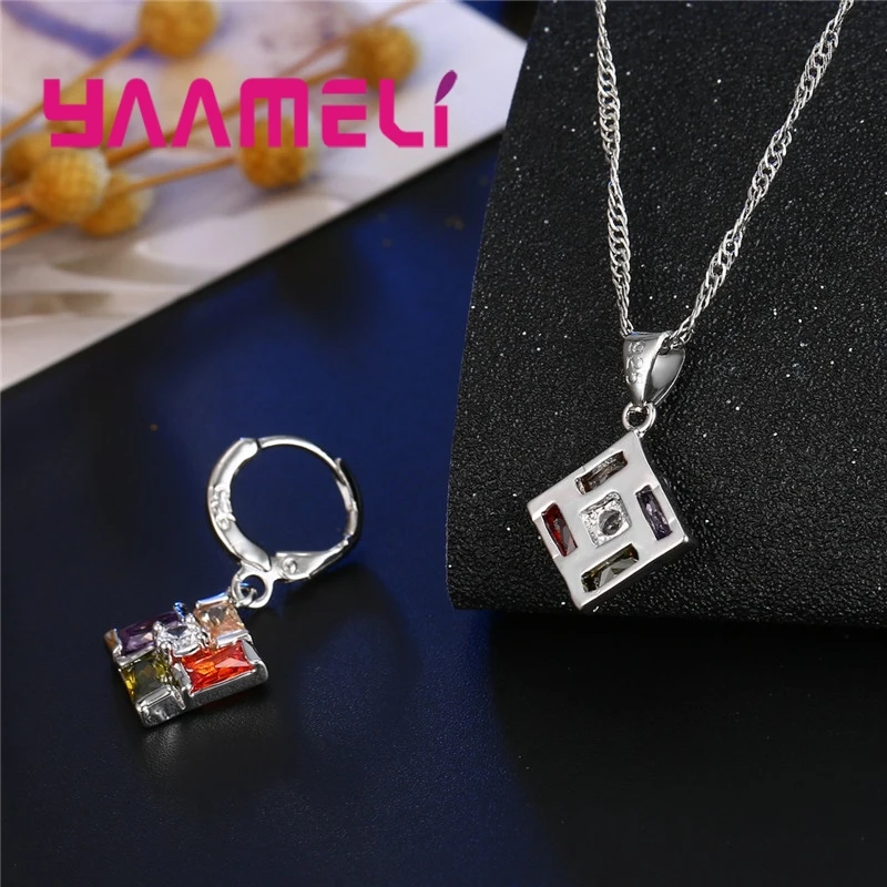 925 Sterling Silver Pendant Necklace Earrings Sets Luxury Romantic Style Geometric Pattern Colorful For Women Wedding