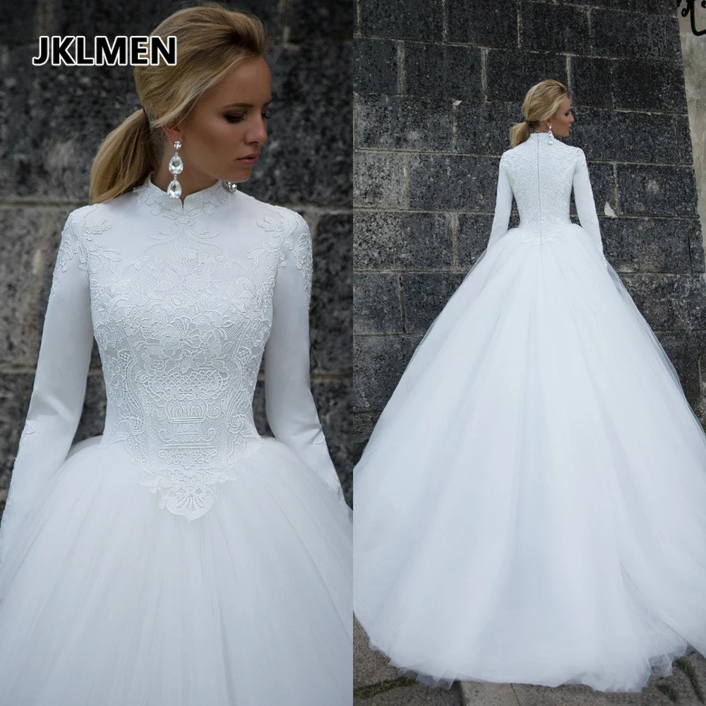 Muslimisches Hochzeitskleid Bescheidenes Design Hochgeschlossenes Langarm-Ballkleid Spitze Tüll Brautkleider Bodenlang Vestido De Noiva