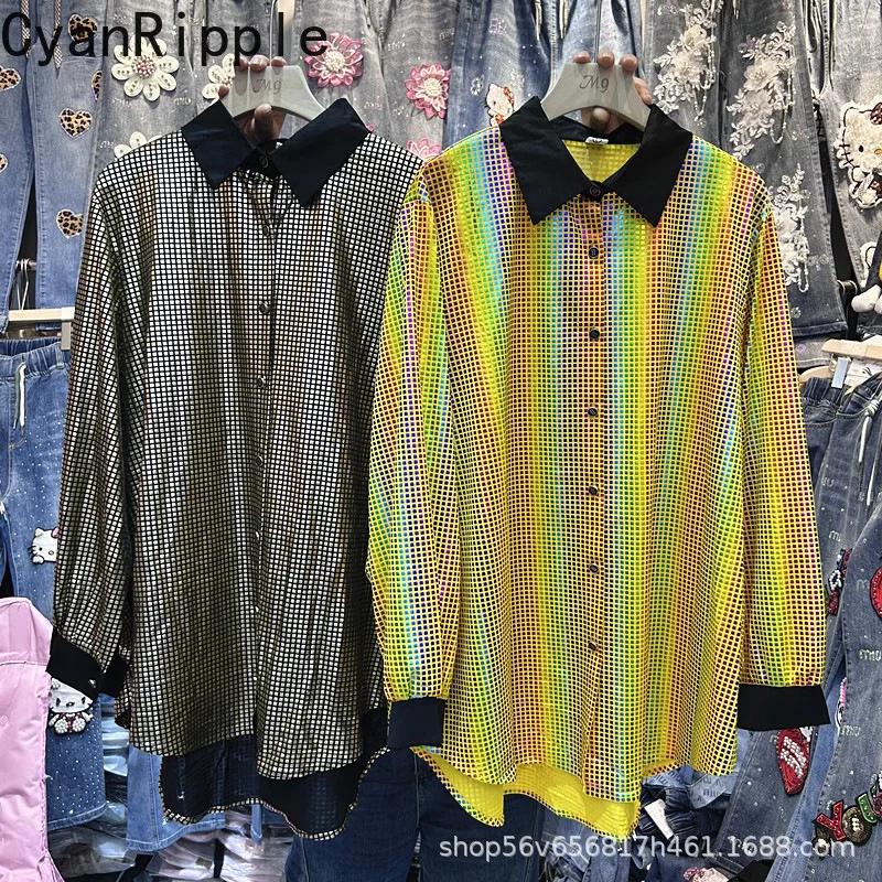 

Fashionable Gradient Shiny Sequins Long Sleeve Women Blouses All-match Spring Autumn Mid-long Turn-down Collar Cardigans Top