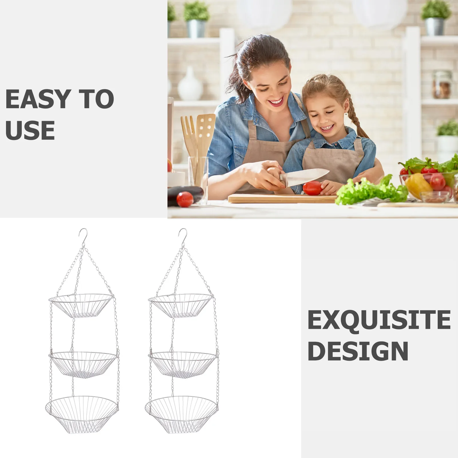 

3 Tier Wire Hanging Fruit Basket Large Capacity Stainless Steel Premium Material Rustproof Fruit Display Basket Storage