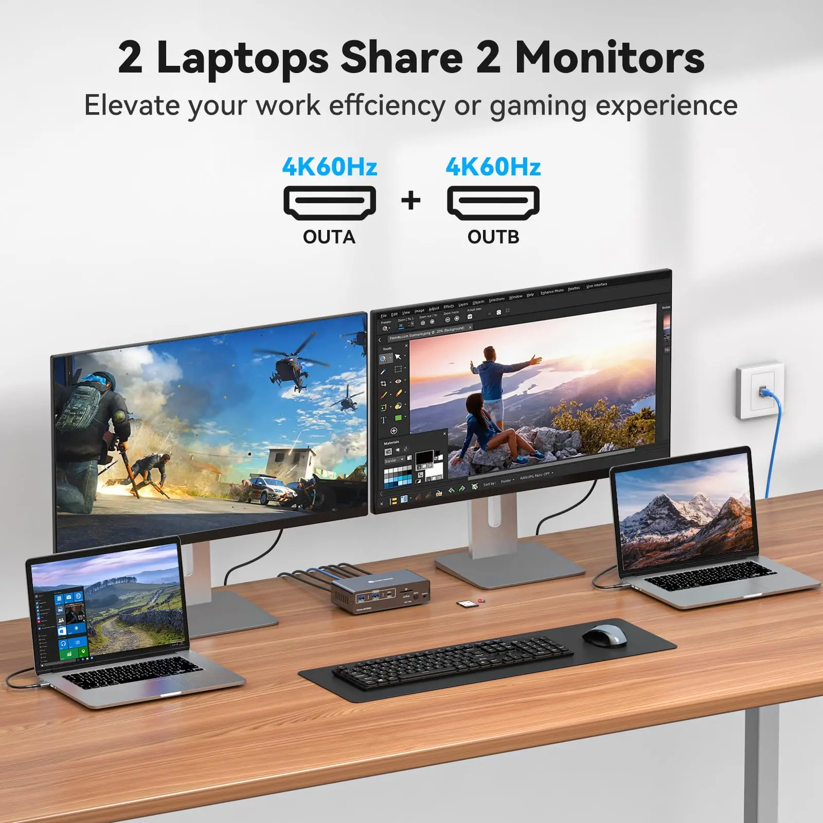 USB C Thunderbolt 3 KVM Switch para laptop com monitor HDMI duplo 4K USB C HUB com 10 Gbps USB 3.2 portas 1000 Mbps Ethernet