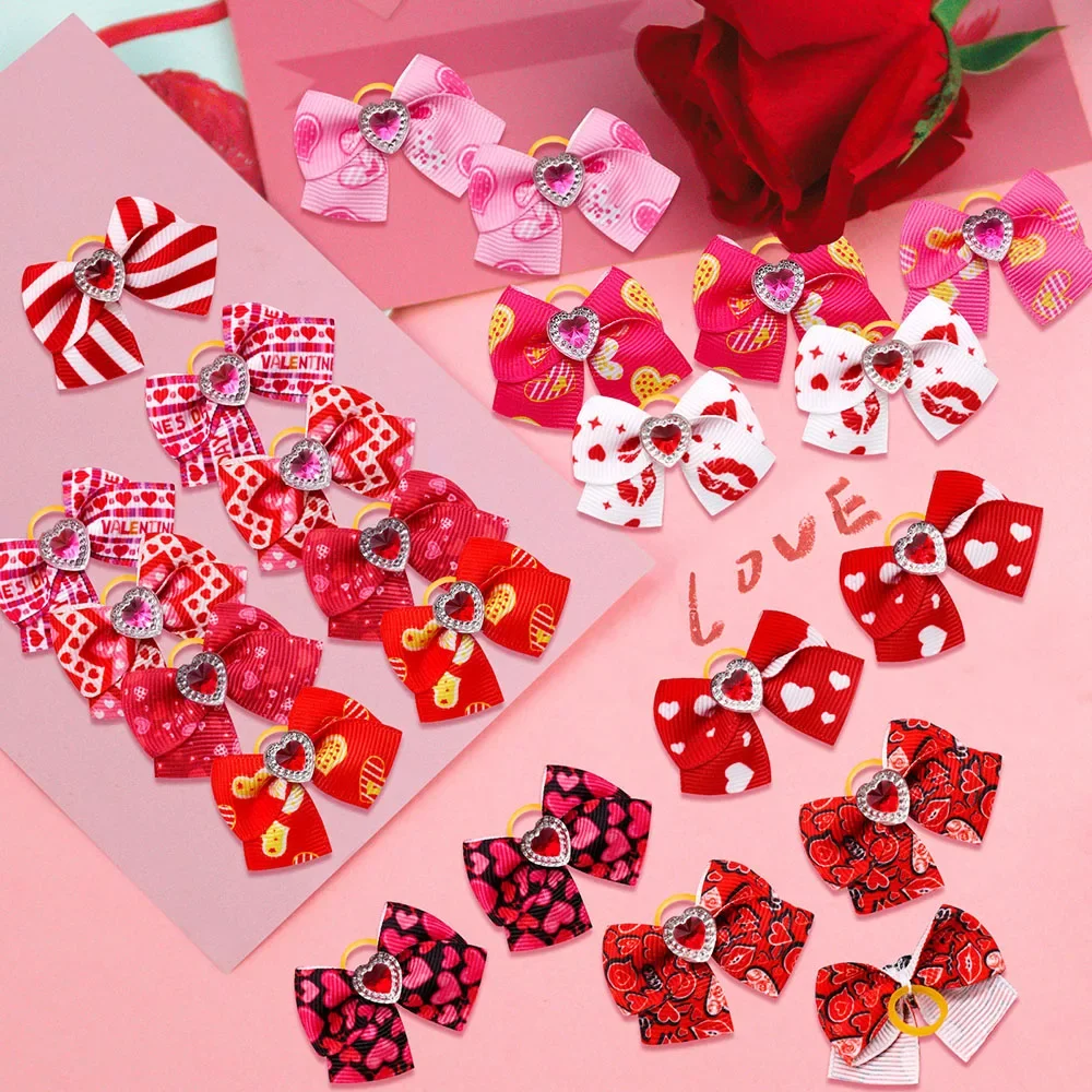 50PCS Dog Bows For Valentine's Day  Diamond Love Hair Bows For Dogs Pets PInk Gril Dogs Bowknot For Small Dogs Hair Accessories