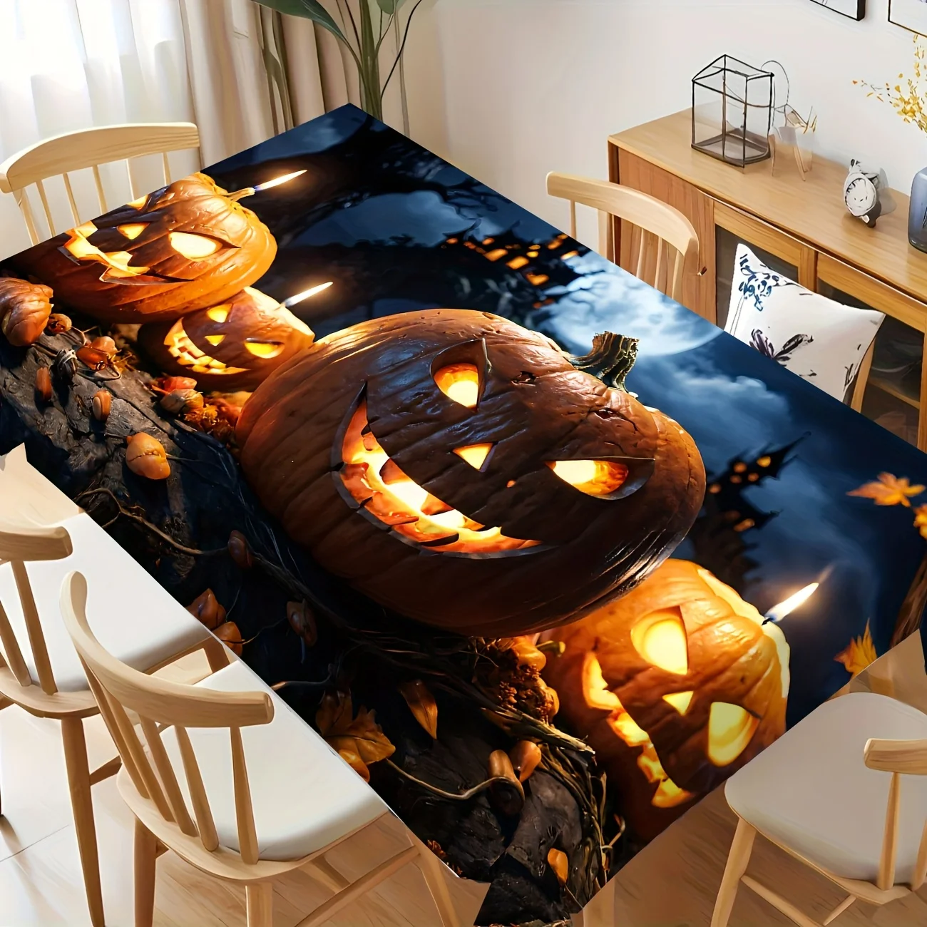 JIT - 1 piece vintage Halloween tablecloth, featuring designs of witch castles and dark pumpkin lanternszyc