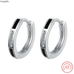Genuine 925 Sterling Silver Black Round Zircon Hoop Earrings For Women New Jewelry Trendy FQL21291
